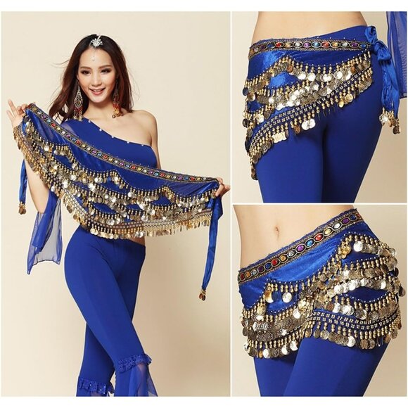 Women's Triangular Belly Dance Hip Scarf Wrap Navy Blue Skirts with Gold Coins - Picture 2 of 4